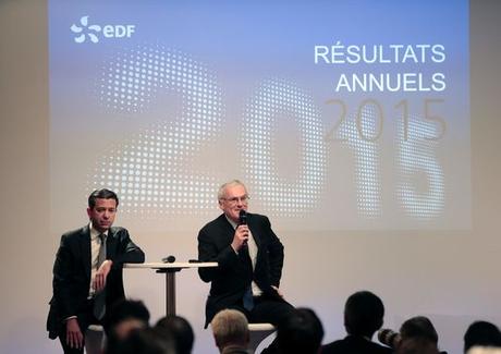 Conférence de presse, le 16 février, de Jean-Bernard Levy, PDG d'EDF et de son directeur financier Thomas Piquemal (qui a démissionné début mars) pour la présentation des résultats du groupe.