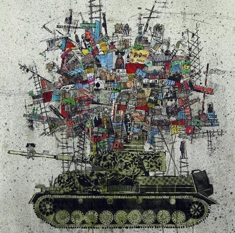 MY-CITY-ON-A-TANK-2-2015-Mixed-Media-and-collage-on-Canvas-100-x-100-1024x1016