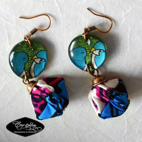 Blue origami long earrings in wax, ankara, women earrings, women jewelry, recycled materials, coo-mon, E coo-pds 002
