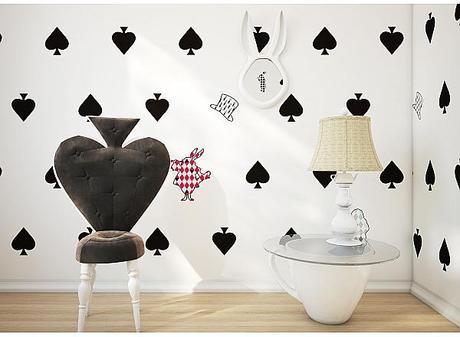 Déco Alice au pays des merveilles, papier peint jeu de cartes piques, miroir lapin Maisonnée