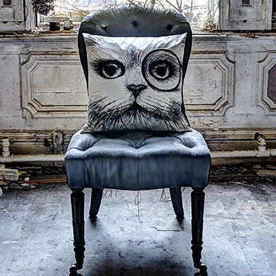 Intérieur classique, fauteuil crapaud bleu et coussin chat monocle