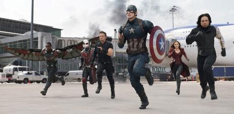 Marvel's Captain America: Civil War L to R: Falcon/Sam Wilson (Anthony Mackie), Ant-Man/Scott Lang (Paul Rudd), Hawkeye/Clint Barton (Jeremy Renner), Captain America/Steve Rogers (Chris Evans), Scarlet Witch/Wanda Maximoff (Elizabeth Olsen), and Winter Soldier/Bucky Barnes (Sebastian Stan) Photo Credit: Film Frame © Marvel 2016