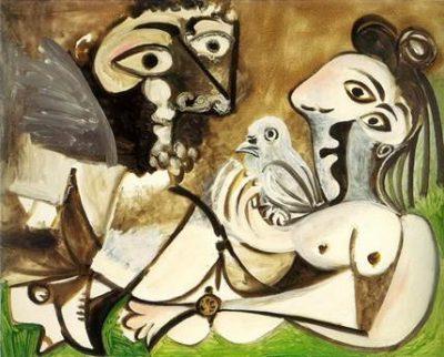 Pablo Picasso Couple à l'oiseau, 1970 Huile sur toile, 130 x 162 cm Anthax Collection Marx, prêt de longue durée à la Fondation Beyeler, Riehen/Basel © Succession Picasso / 2016, ProLitteris, Zurich 