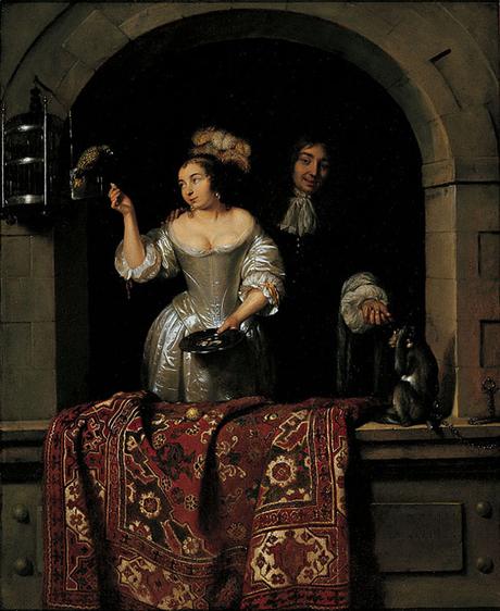 853px-Caspar_Netscher_-_A_Lady_with_a_Parrot_and_a_Gentleman_with_a_Monkey_(1664) Columbus_Museum_of_Art.