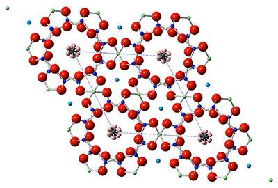 Crystalline structure of the mineral beryl showing the channels that can trap water molecules