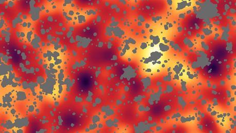 Et si la matière noire était faite de trous noirs primordiaux ? Les irrégularités remarquées dans le fond diffus infrarouge (cosmic infrared background) dans cette région du ciel pourraient être liées aux premiers objets lumineux de l’Univers, moins d’un milliard d’années après le Big Bang. Les taches grises correspondent aux objets connus au premier plan (étoiles, galaxies, nuages de gaz, de poussière…) qui ont été retirés — Crédit : NASA, JPL-Caltech, A. Kashlinsky (Goddard)