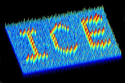 Magnetic force microscope image of a magnetic-charge ice with the word ice written using magnetic charge
