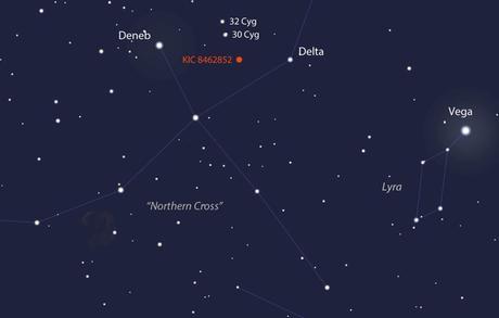 Position de « la plus mystérieuse étoile de la Galaxie », KIC 8462852 alias « étoile de Tabby », dans la constellation du Cygne. Distante d’environ 1 500 années-lumière, elle est invisible à l’œil nu. Ses baisses de luminosité déroutent les astronomes qui ne savent pas encore interpréter le phénomène — Crédit : Stellaruim