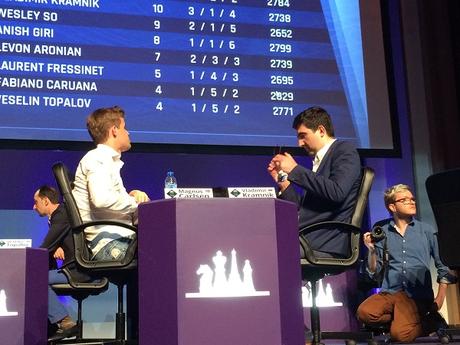 Le duel de la ronde 9 en cadence rapide entre le Russe Vladimir Kramnik et Magnus Carlsen a tourné à l'avantage du Norvégien - Photo © Chess & Strategy
