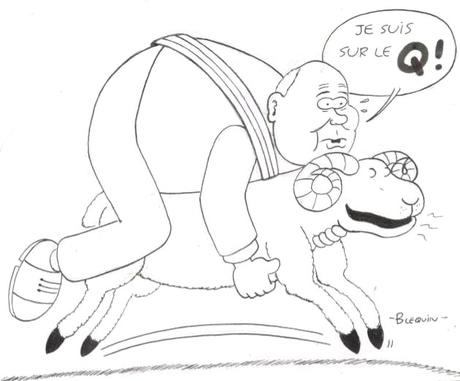 Dessin offert à Ludovic Jolivet à l'occasion d'une interview qu'il accorda à Mikaël Tygréat et à votre serviteur ; le bélier est l'emblème de la ville de Quimper. Notez qu'en réalité, l'intéressé préfère chevaucher un cochon (authentique) : ça fait ton sur ton ! 