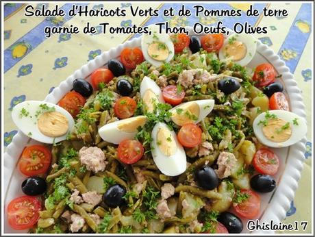 Salade d'Haricots verts et de Pommes de terre, garnie de tomates, thon, oeufs, olives