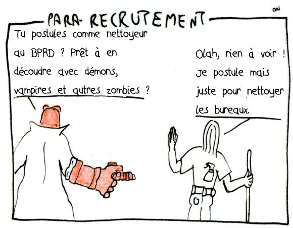 PARA-RECRUTEMENT, strip de Zéda pour chronique 7BD sur Hellboy T15 au Mexique de Mignola, Corben, Moon, Bà, Mac Mahon, Stewart chez Delcourt