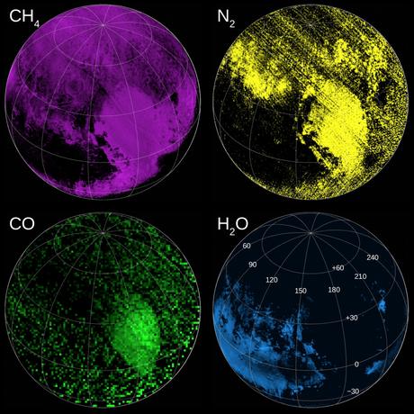 L’instrument Ralph/Leisa (Linear Etalon Imaging Spectral Array) a permis de dresser des cartes de la composition de la surface de Pluton : méthane (CH4), azote (N2), monoxyde de carbone (CO) et eau (H20) — Crédit : NASA, SwRI, JHUAPL