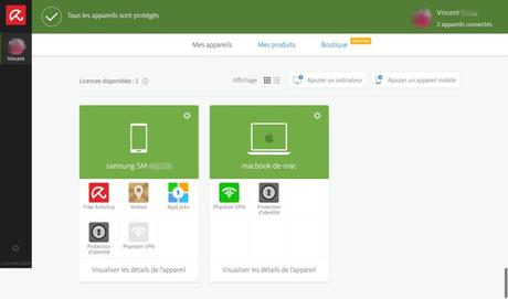 Tableau de bord Avira Online Essentials