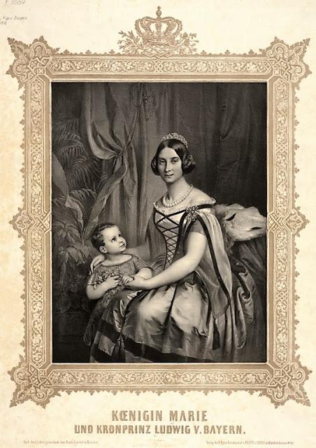 La reine Marie et le prince héritier Louis , une lithographie d´après un dessin d´Erich Correns