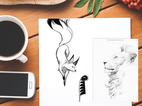 idées de tatouage renard, plume et lion