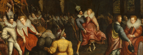 Bal à la cour des Valois vers 1580, école française - Musée des Beaux-Arts de Rennes. Les femmes portent des fraises ouvertes