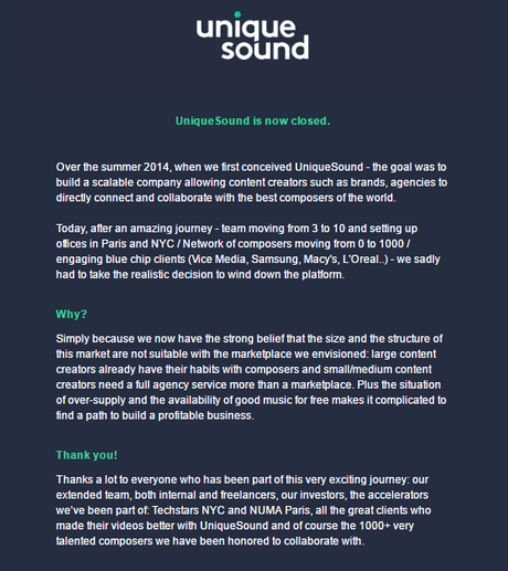 Texte annonce fin de la start-up Unique Sound consacrée aux compositeurs profesionnels de musique de marque