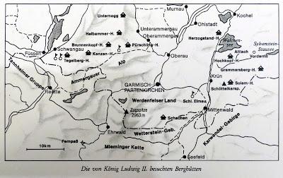 Alpes bavaroises: carte des refuges de montagne visités par le Roi Louis II de Bavière