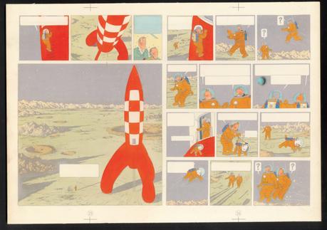 Hergé, Les Aventures de Tintin On a marché sur la Lune, 1954 Bleu de coloriage des planches 25 et 26, Collection Studios Hergé © Hergé/Moulinsart 2016