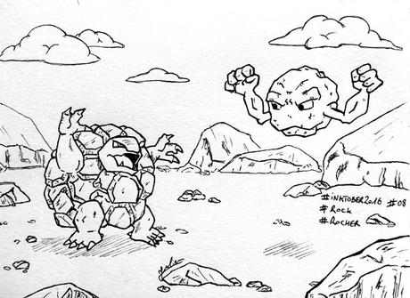 Inktober 2016 - Jour 08 - Rocher (Rock) - combat de Pokemons: Grolem versus Racaillou