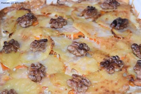 Gratin de pommes de terre, carotte et noix