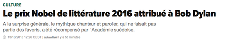 550_ Le prix Nobel de littérature à..... BOB DYLAN