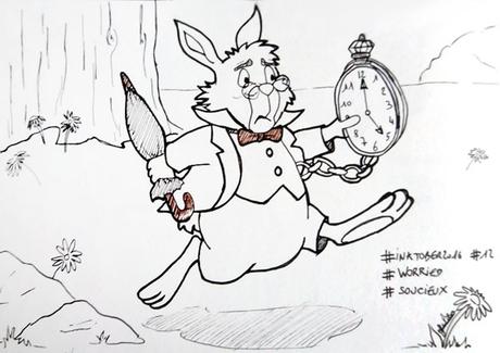 Inktober 2016 - Jour 12 - Soucieux (Worried) - le lapin blanc d'Alice au Pays des Merveille soucieux d'être en retard