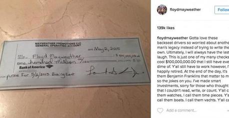 Floyd Mayweather affiche sur Instagram son chèque de 100 millions de dollars