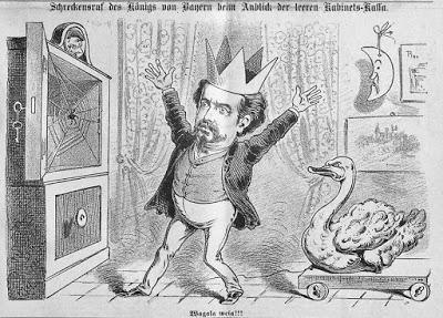 Caricature du  Roi Louis II de Bavière (et de Richard Wagner) dans le Kikeriki du 16 mai 1886