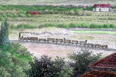 Gravure ancienne: le massif du Wendelstein avec un train à vapeur