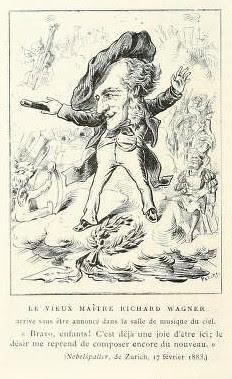 L'arrivée de Richard Wagner au paradis, une caricature publiée dans le Nebelspalter en février 1883