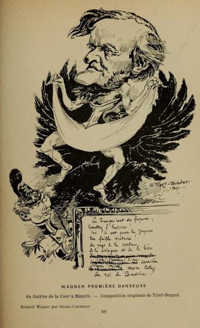 Wagner, première danseuse, montre son tutu au Roi louis II, une caricature