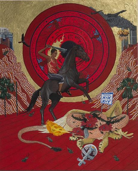 Ryan Presley, Crown Land (to the ends of the earth), 2016, peinture polymère synthétique et feuille d'or sur un panneau de pin australien (hoop), 53x43cm