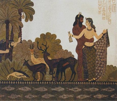 Wael Tarabieh, Epic of Gilgamesh : The Taming of Enkidu by Shamhat, 1996, coloured linocut print on paper