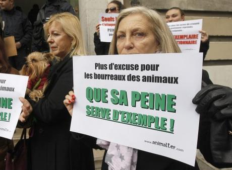 La manifestation organisée lundi 3 février devant le tribunal marseillais où était jugé le jeune homme accusé d'avoir jeté un chaton contre un mur (AP Photo/Claude Paris)