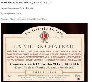 Galerie DETAIS  Vernissage le 13 Décembre 2016  » La vie de château » jusqu’au 14 Janvier 2017
