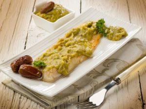 fish fillet with leek cream and date