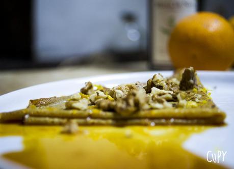 Crêpe flambée aux noix, miel, whisky et à l’orange Crêpe flambée aux noix, miel, whisky et à l’orange