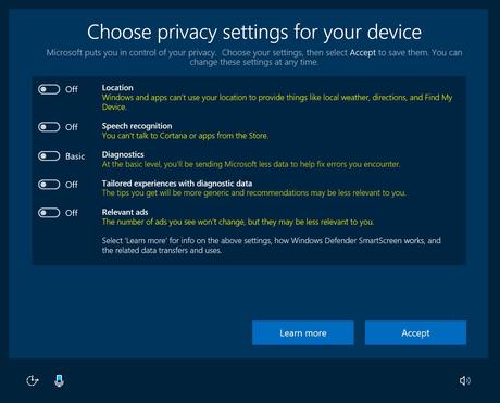 Les paramètres de confidentialité lorsque les options sont désactivées (Image : Microsoft).