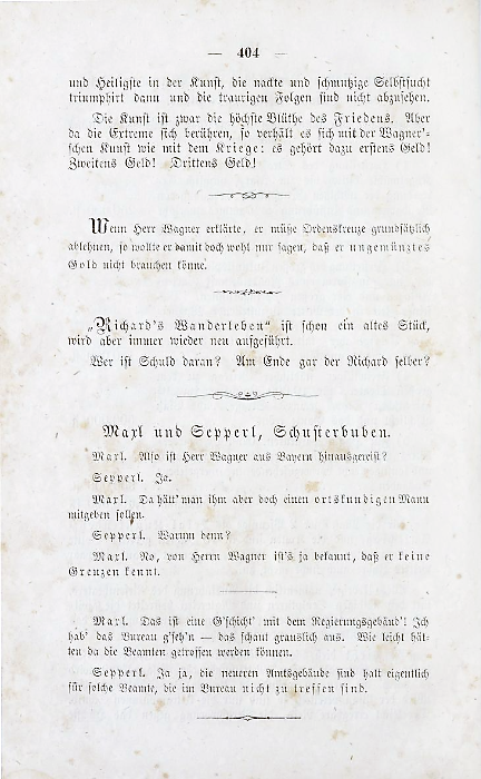 Caricature du 10 décembre 1865:  Wagner, un nouvel Orphée, suivie d'une caricature montrant Wagner prenant le chemin de l'exil