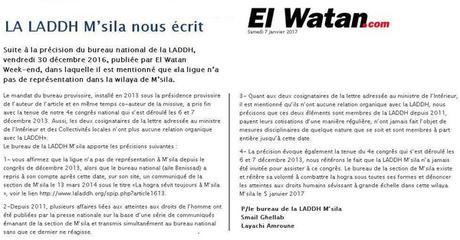 El Watan week end:LA LADDH M’sila nous écrit