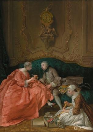de Troy, 1734, Dame attachant un ruban a l epee d un cavalier coll part