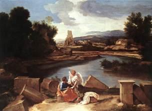 Poussin 1640, Paysage avec saint Matthieu et l'Ange,Berlin, Staatliche Museen.