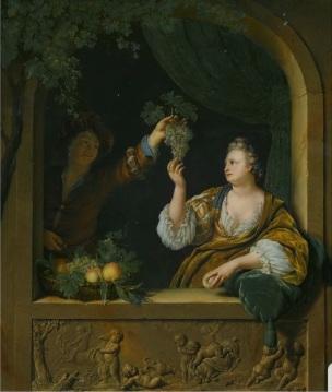Willem van Mieris 1707 A GENTLEMAN OFFERING A LADY A BUNCH OF GRAPES coll part