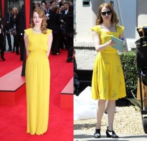 Emma Stone robe jaune colonne & jaune courte col carré