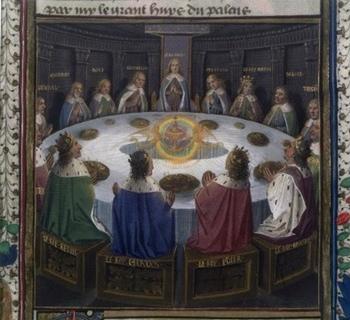 The Grail pentecost; Lancelot, Queste, Tristan, Morte, France (Ahun), c 1470