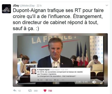 Dupont-Aignan trafique ses RT pour faire croire qu'il a de l'influence.