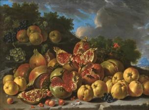 Melendez 1771B Bodegon con granadas, manzanas, acerolas y uvas en un paisaje Prado