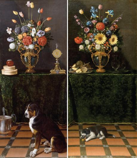 van der hamen Still-lifes with vases of flowers and a dog (left) and a puppy (right), c. 1625 Museo del Prado, Madrid